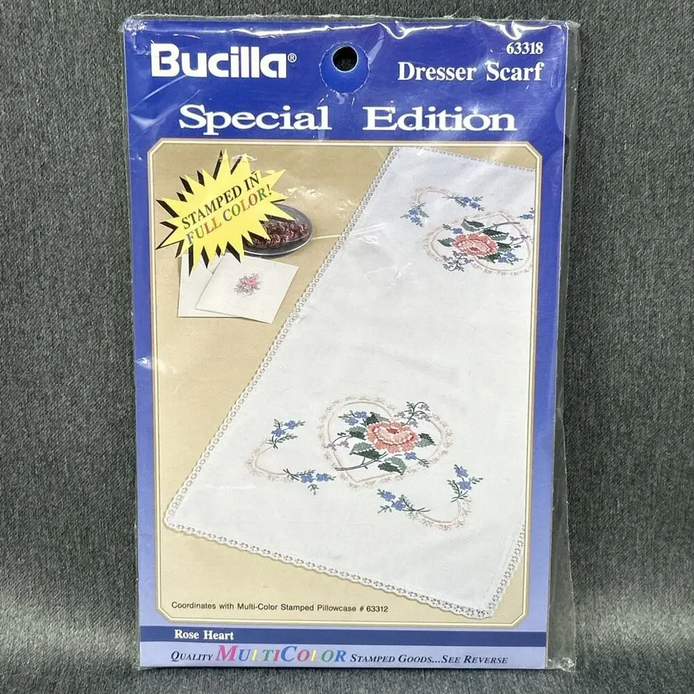 Vintage 1990s Bucilla Rose Heart Dresser Scarf Kit 63318 Embroidery Kit NOS